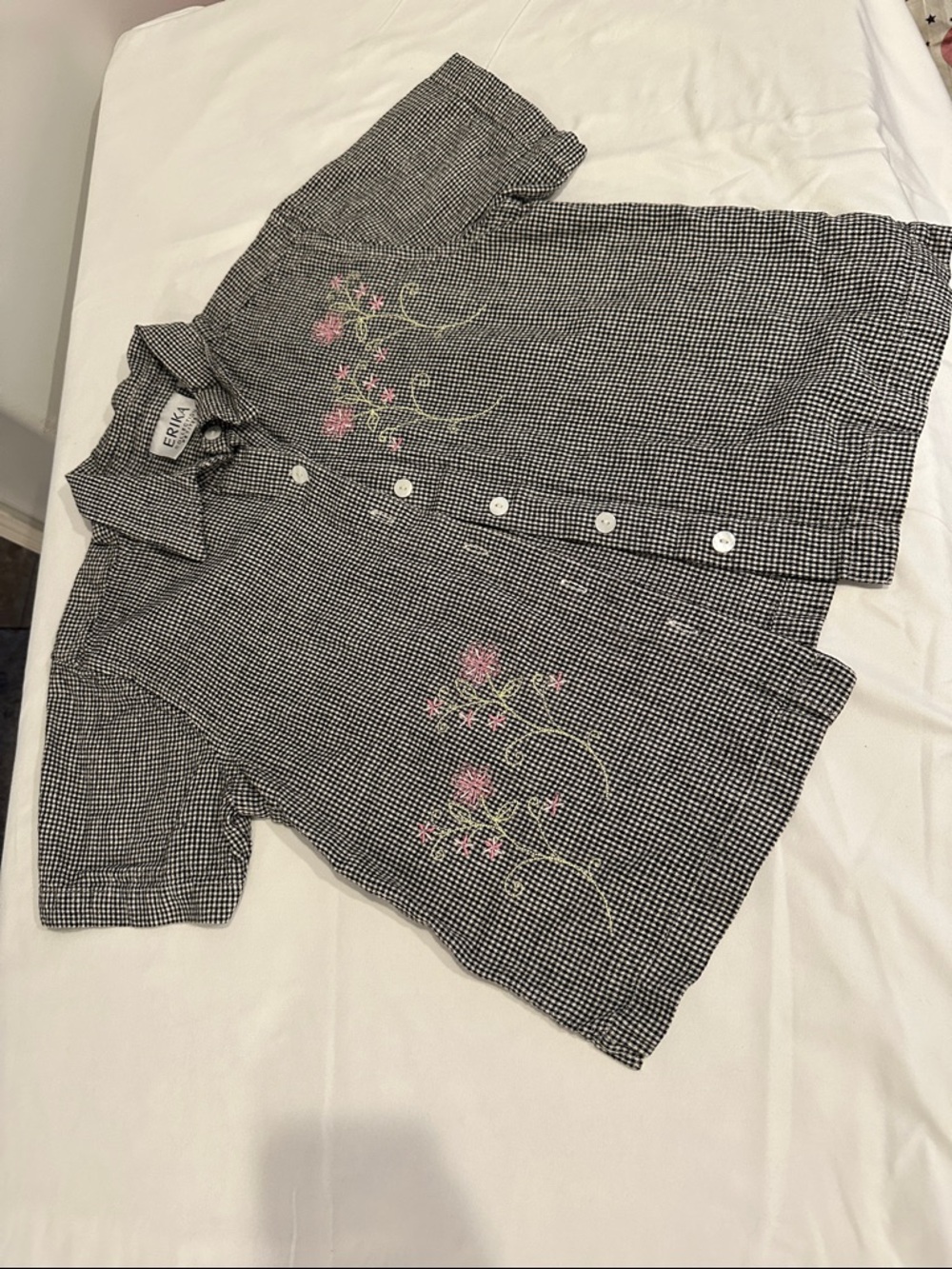 Erika Black Gingham Button-Down Shirt with Pink Floral Embroidery
